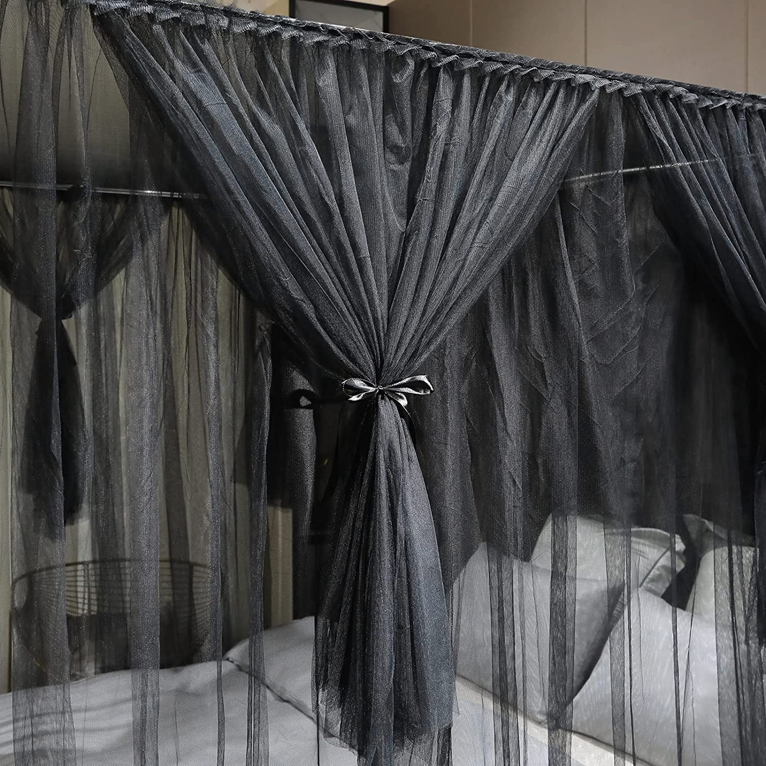 4 Corners Post Canopy Bed Curtain Black- Queen Size Royal Luxurious Cozy Drapes Netting- Elegant Bedroom Decoration Accessories for Adults