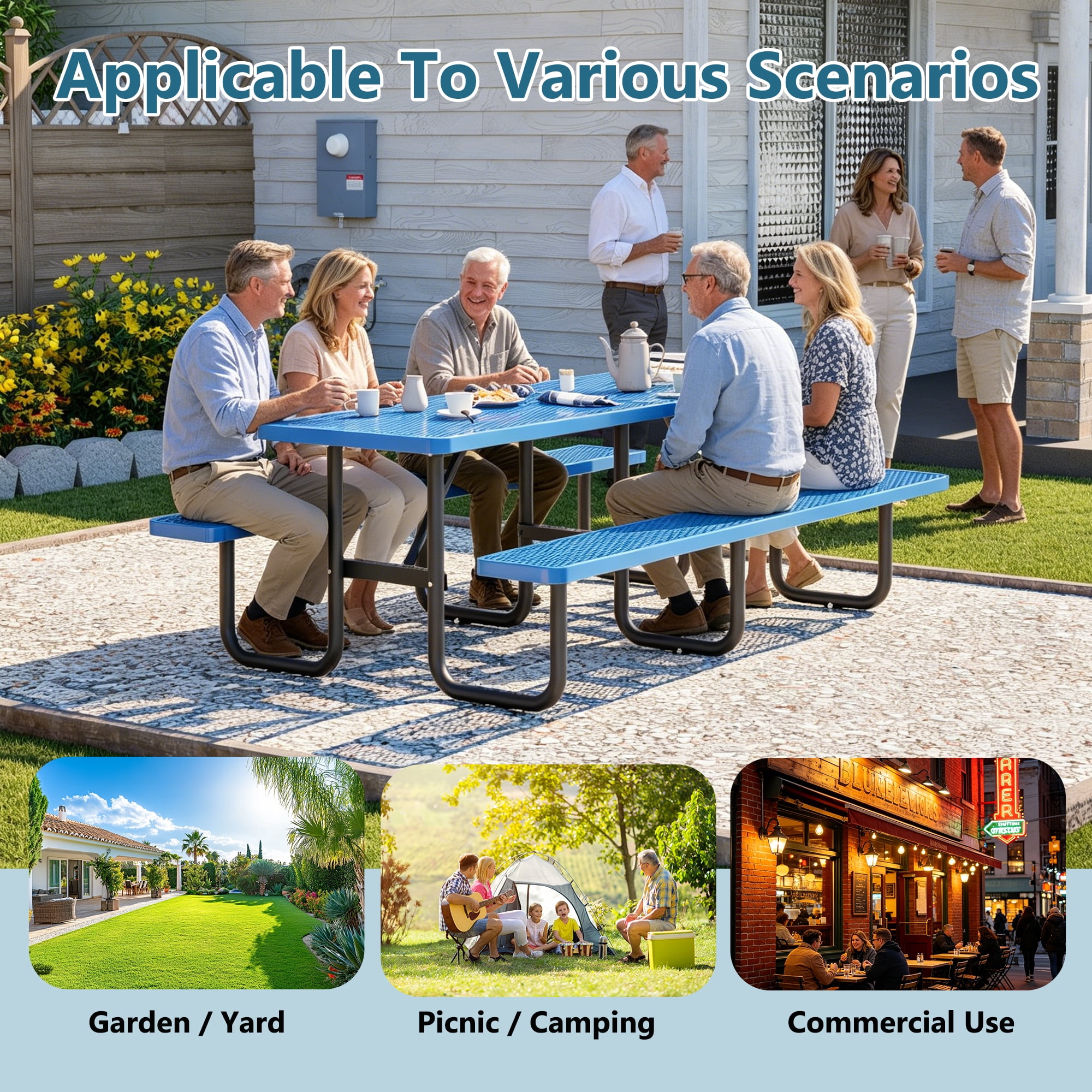 Outdoor Picnic Table Bench Set for 10-Person,All Weather Metal Patio Dining Furniture with Umbrella Hole & 2 Benches for Backyard,Picnic,Camping,Blue