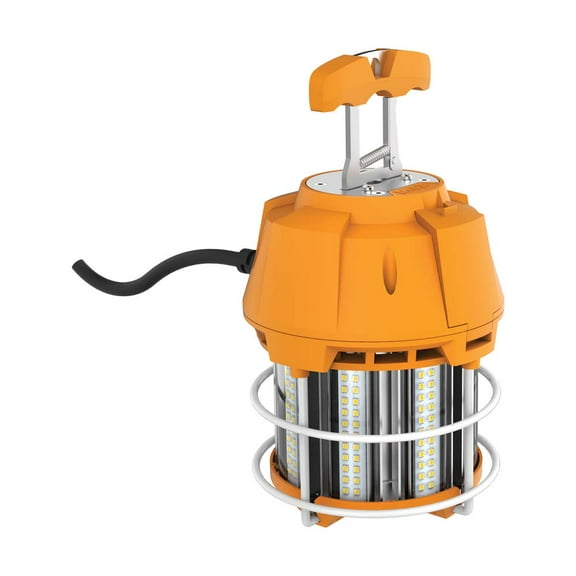 60 Watt LED Hi-Lumen temporary Hi-Bay Caged lamp; 5000K; Integrated Cord / Plug & Hook; 120 Volt