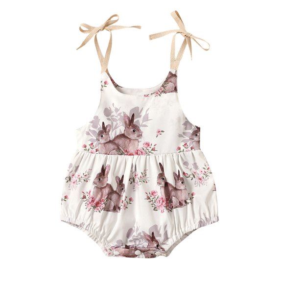 WOYY Girls Easter Rabbit Print Sleeveless Romper Cute Bodysuit for Baby, Sizes 0-24 Months