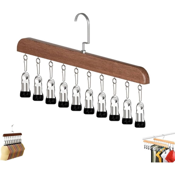 Closet Organizer with 10 Clips, Space Saving Hanging Closet Organizer, Solid Wood Clip Hanger for Jeans, Hats, Scarves, Shorts & Accessories (Vintage / Natural Wood)