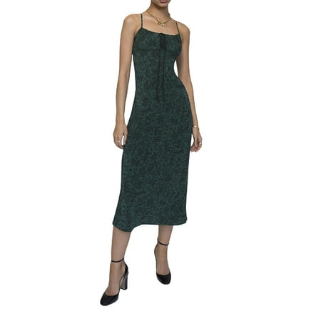 

Women Long Slip Dress Summer Tie-up Printed U-shaped Neck Spaghetti Strap One-piece