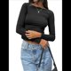 thumbnail image 1 of Camiseta de Larga con Cuello Redondo y Espalda Abierta para Mujer, Estilo Y2K, Estilo Retro Informal de Color Liso Negro XS, 1 of 10