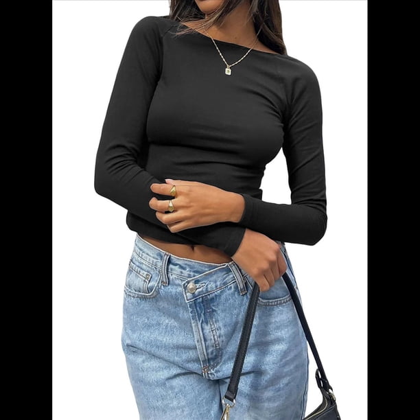 Camiseta de Larga con Cuello Redondo y Espalda Abierta para Mujer, Estilo Y2K, Estilo Retro Informal de Color Liso Negro S