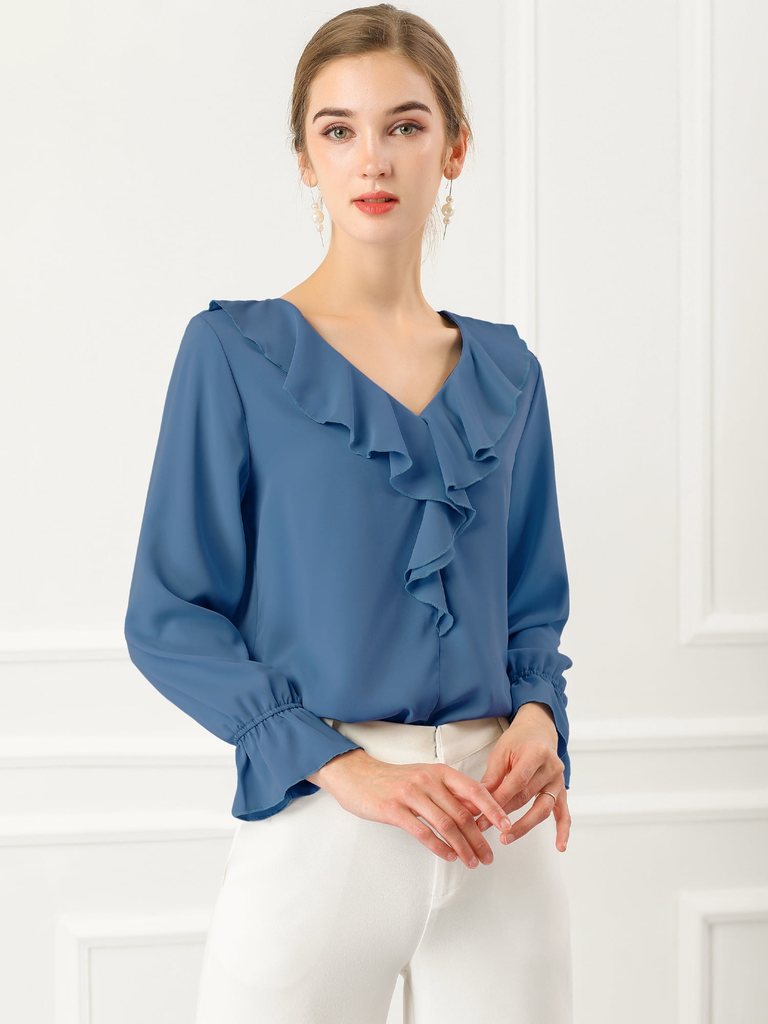 DARING DIVA Women's Ruffle V Neck Chiffon Peasant Blouse 3XL Dusty Blue