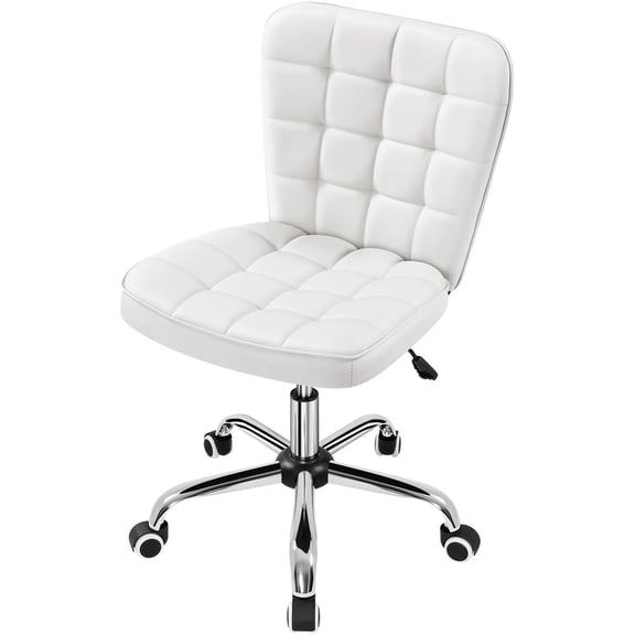 Armless Tufted Desk Chair, Adjustable Height Faux Leather Rolling Office Chair, Space-Saving Design for Small Home Office or Study Room, White