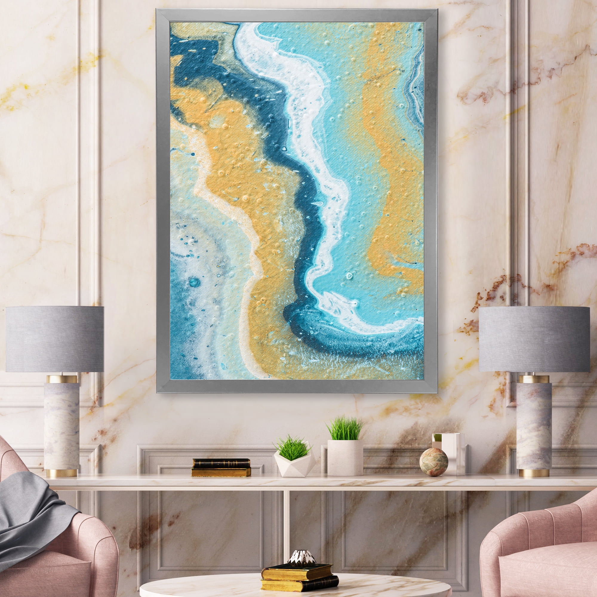 Designart 'Abstract Marble Composition In Blue and Yellow III' Modern Framed Art Print
