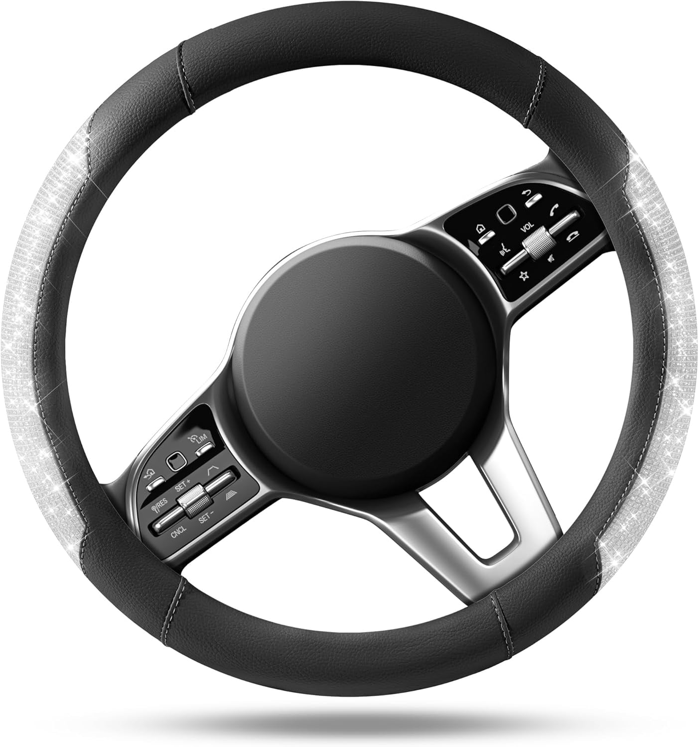 Steering Wheel Cover, Sparkly Crystal Bling Glitter with Black Leather, Universal Fit 14.5"-15.5" Car Steering Wheels for Girls & Women, Breathable Anti-Slip Steering Wheels Cover