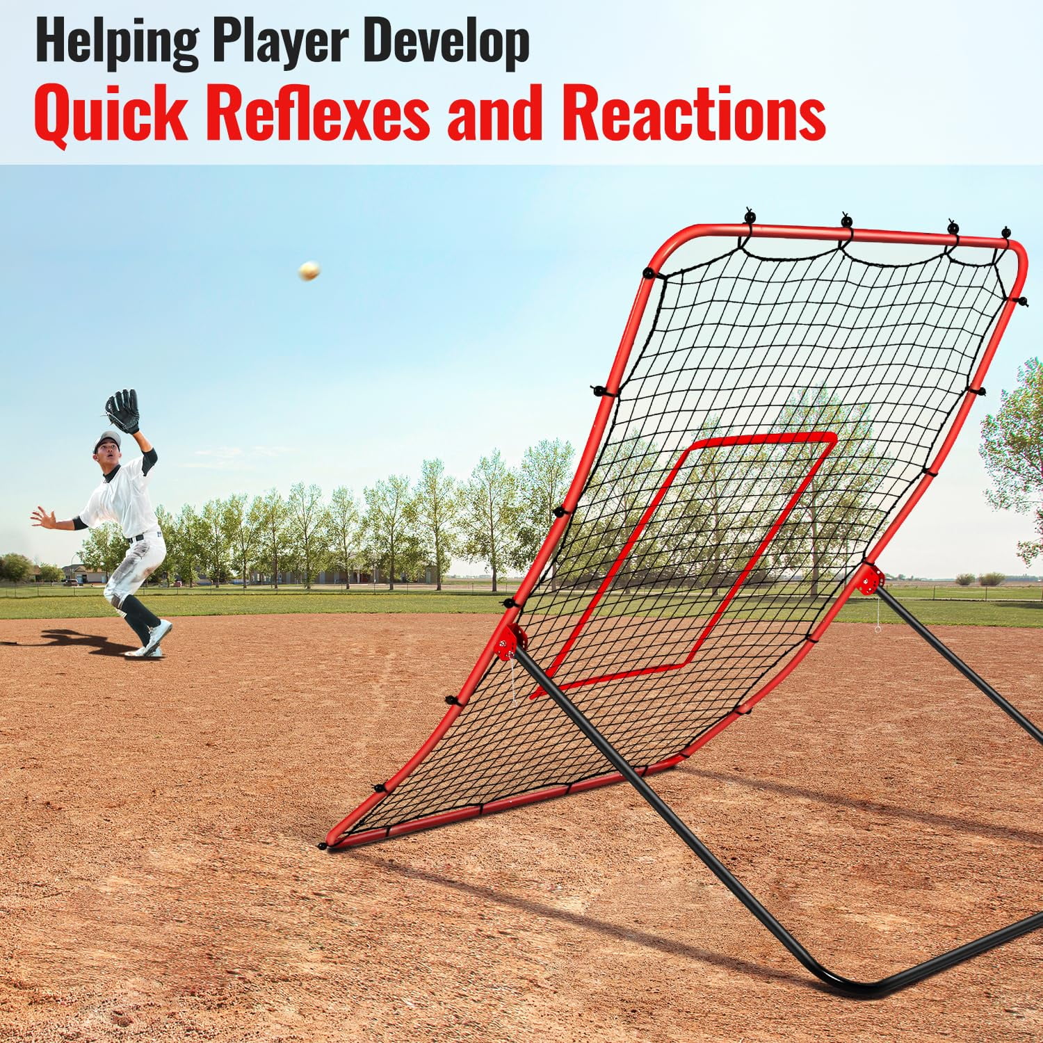 FITPLAY Baseball Rebounder Net + Pitchback Net, 68" x 44" Angle Adjustable Pitch Trainer Simulate , Easy-Fold Design