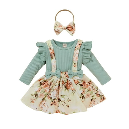 

Toddler Baby Girls Solid Color Long Sleeve Tops Floral Printed Suspender Skirts With Headbands Outfits Set For 6-12 Months