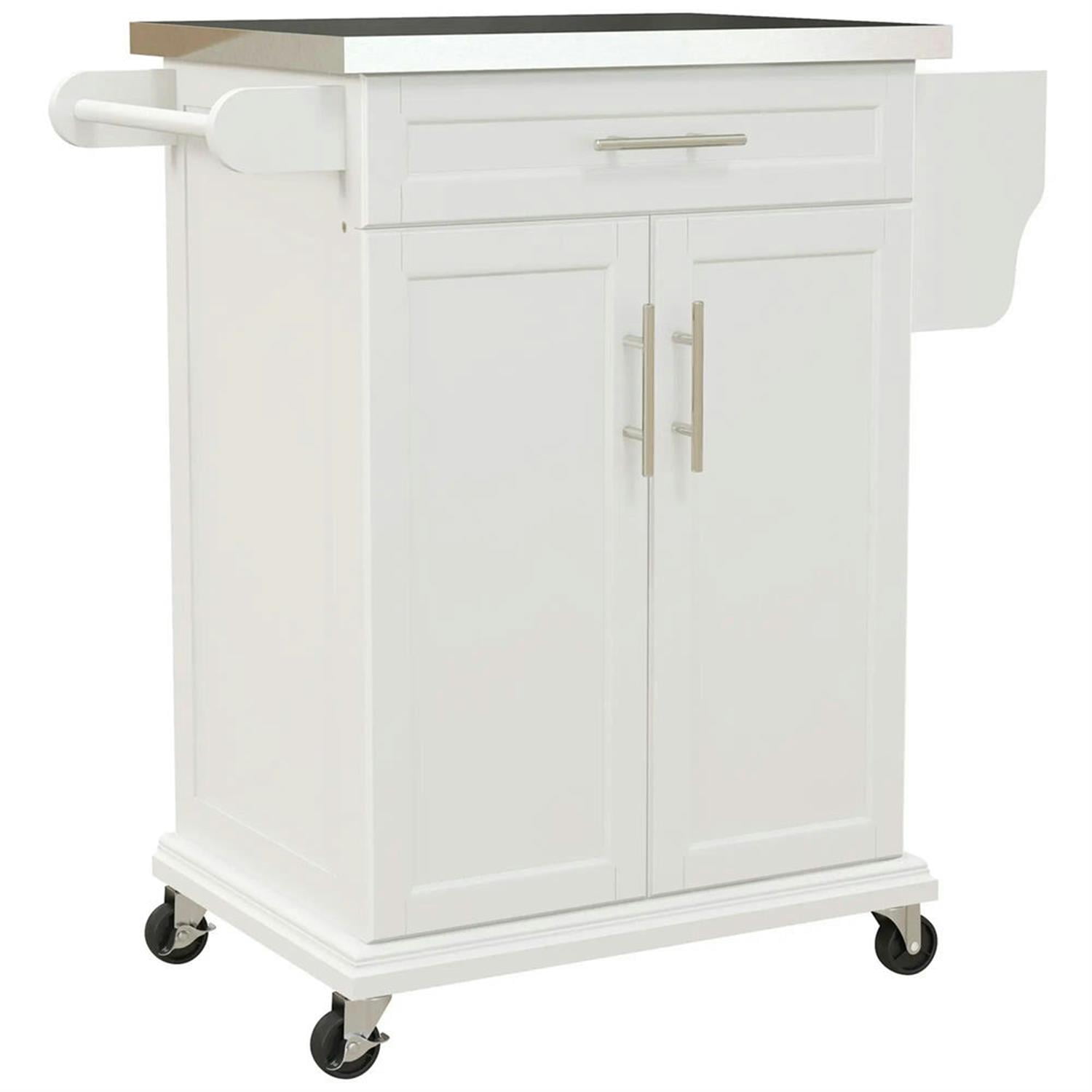 Demi Bonn 35" Kitchen Island Cart on Wheels with Stainless Steel Top, Rolling Dining Room Serving Utility Carts Mobile Movable with Towel Rack, White