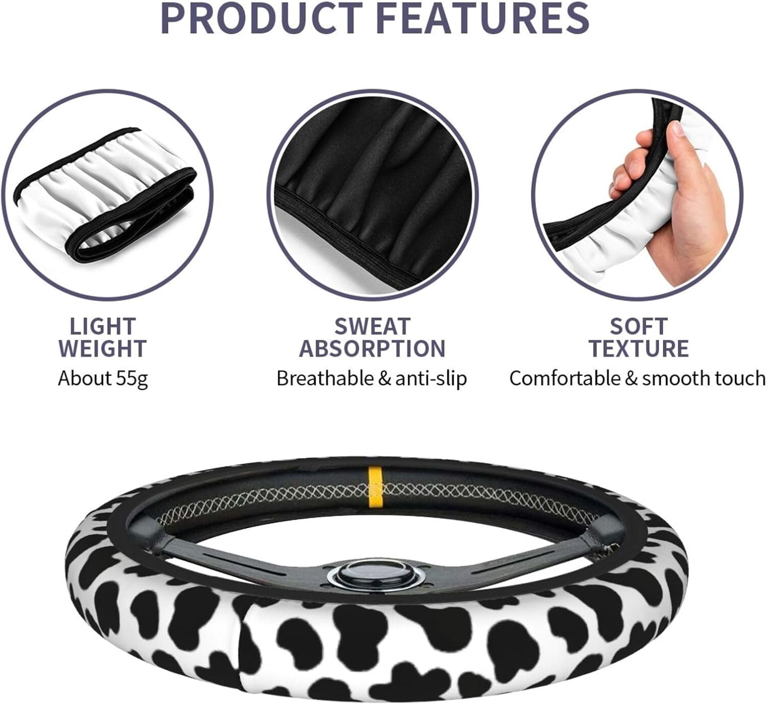 Cow Print Steering Wheel Cover - Cattle Print Steering Wheel Cover Anti-Slip Breathable Universal for with 2 Pieces Car Coasters Suitable for Men Women