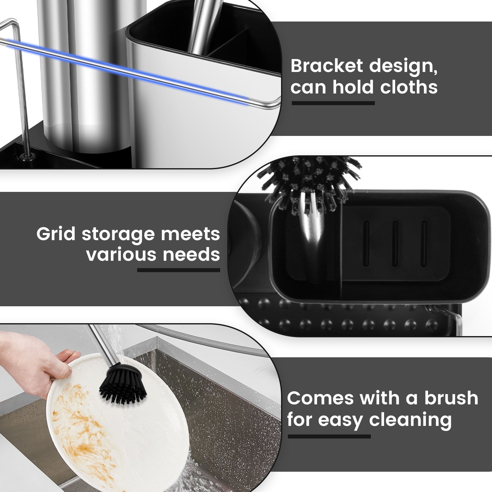 Kitchen Detergent Dispenser Stainless Steel Set with Brush Soap Dispenser and Sponge Holder Divided Storage Design for Galley
