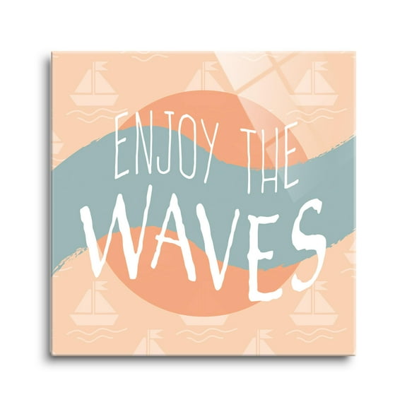 Enjoy The Waves Aqua Peach Sailboats 8 x 8 Glass Wall Hanging Sign