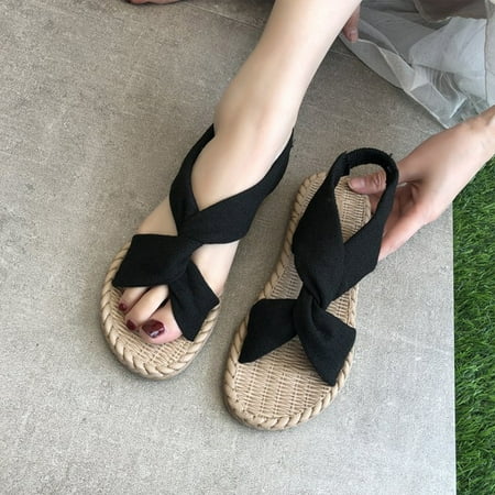 

mtvxesu Sandals Sandals Women Wear Straw Linen Roman Sandals Elastic Flat Women s Shoes In Summer Summer Sandals for Women 2024 Camping or Travelling Summer Savings