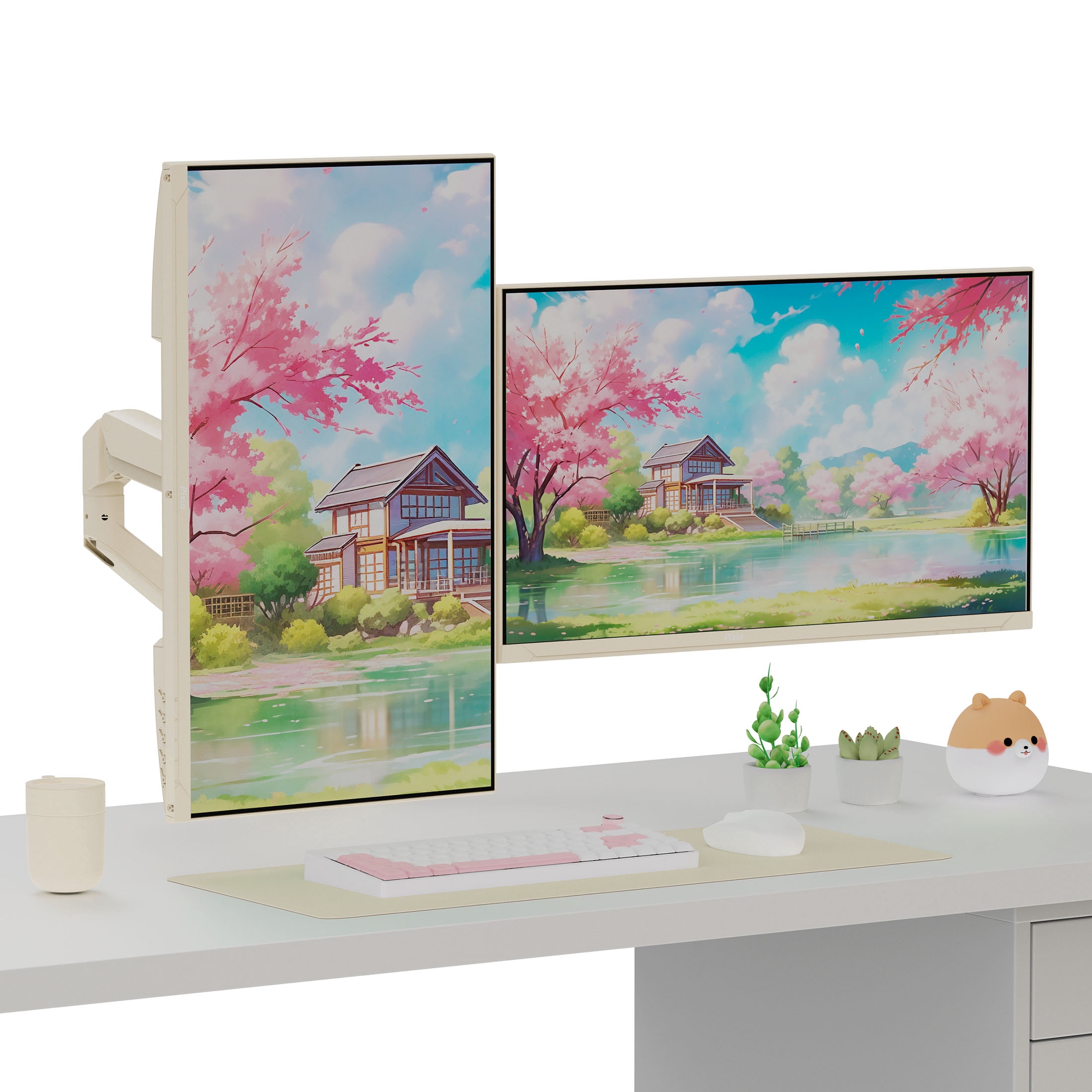 Pixio PS1D Wave Beige Dual Monitor Arm Stand Desk Mount - Fits up to 32 inches Monitors and up to 19.8lbs. VESA Compatibility and Integrated Cable Management