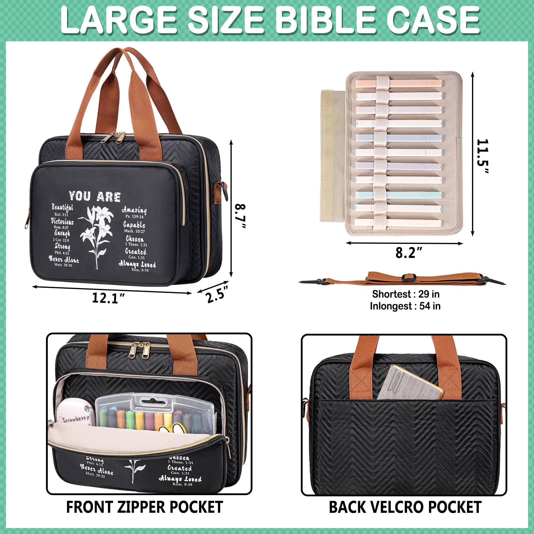 TuErCao Bible Cover Case for Women Men Bible Study Supplies Book Bag Christian Catholic Spiritual Gifts with Shoulder Strap