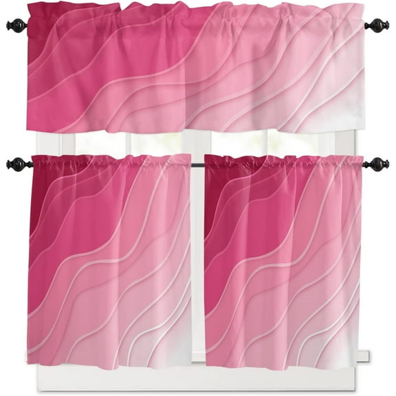 Valentines 3 Piece Kitchen Curtains Set Rosy Pink Ombre Geometric Window Treatment Tiers Abstract Ocean Rod Pocket Valance Sets for Small Windows Bedroom 54 in x 36