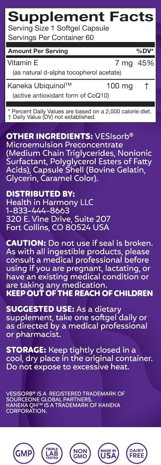 Health in Harmony Everyday Cellular Health Supplement Ubiquinol CoQ10 with  VESIsorb® for Absorption, 60 Count