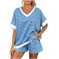 thumbnail image 2 of Enjoytime Striped Outfits for Women V Neck Short Sleeve Shorts 2 Piece Sets Summer Casual Matching Set, 2 of 5