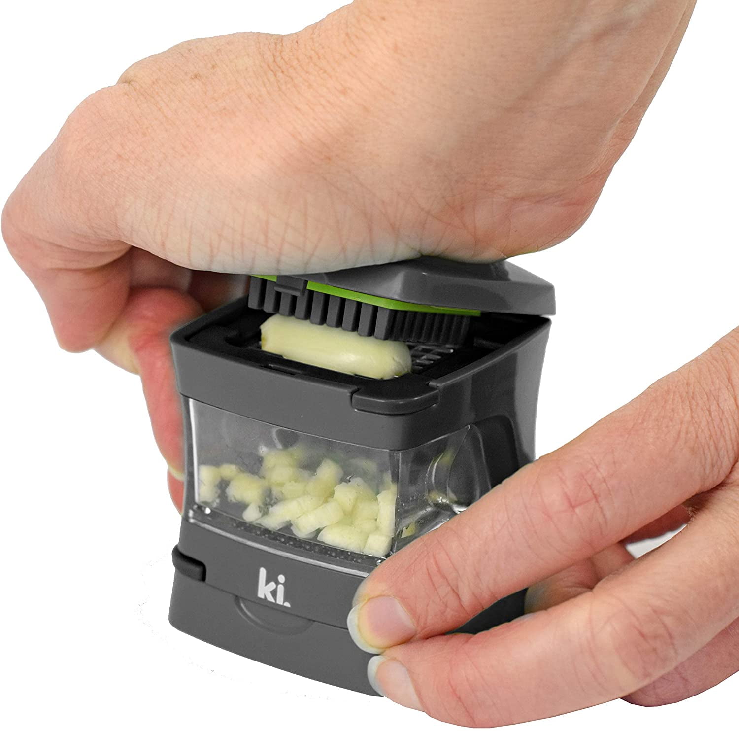 Garlic-A-Peel Garlic Press, Crusher, Cutter, Mincer, and Storage Container - Includes Silicone Peeler Easy to Clean Stainless Steel Blades – (Grey), standard