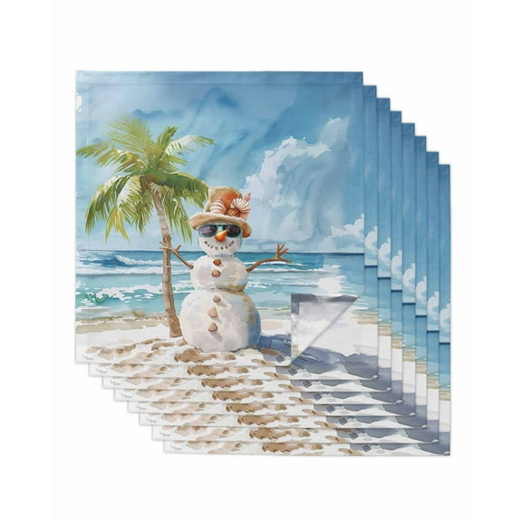 Coastal Christmas Cloth Napkins Set of 8, Xmas Snowman Watercolor Tropical Beach Washable Reusable Dinner Cocktail Napkin for Kitchen Party Wedding Banquet Holiday Baby Shower Table Decor