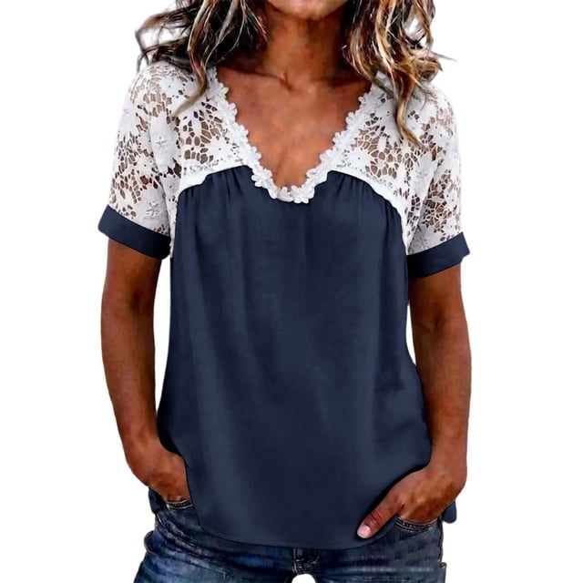 Fewfanhot Womens Tops Trendy Lace Basic V-Neck T-Shirts Short Sleeve Loose Fitting Tunic Tank Tops