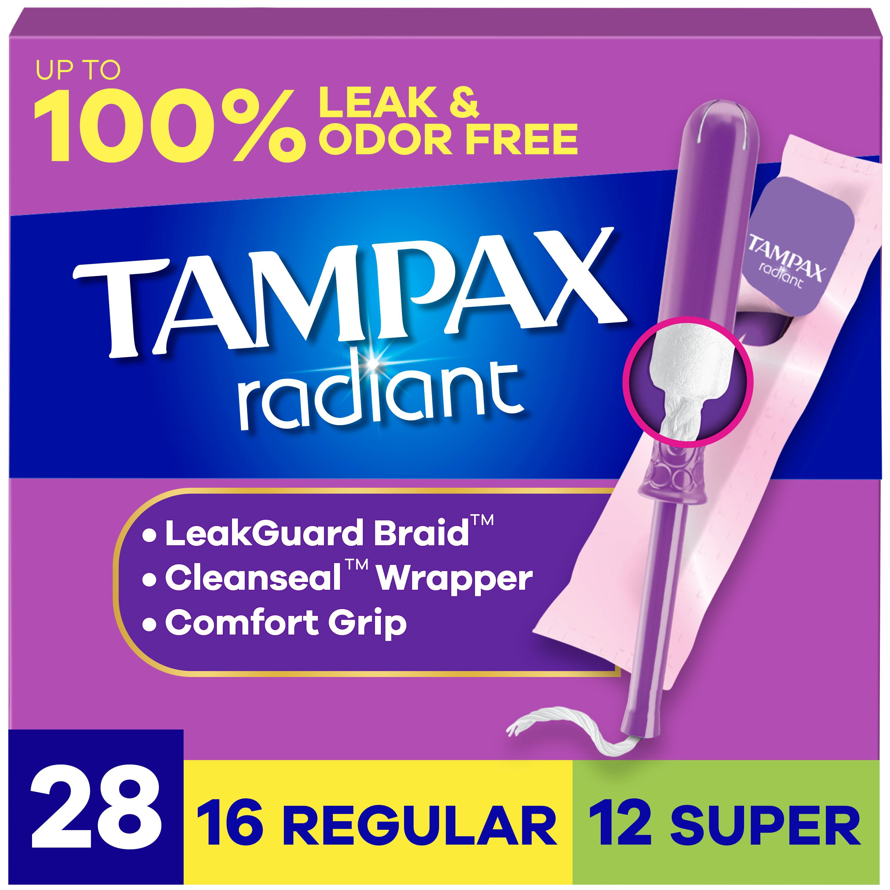 Tampons Tampax Radiant, avec tresse anti-fuites LeakGuard, degrés d’absorption régulier/super, emballage multiple, non parfumés, 28tampons 28 tampons