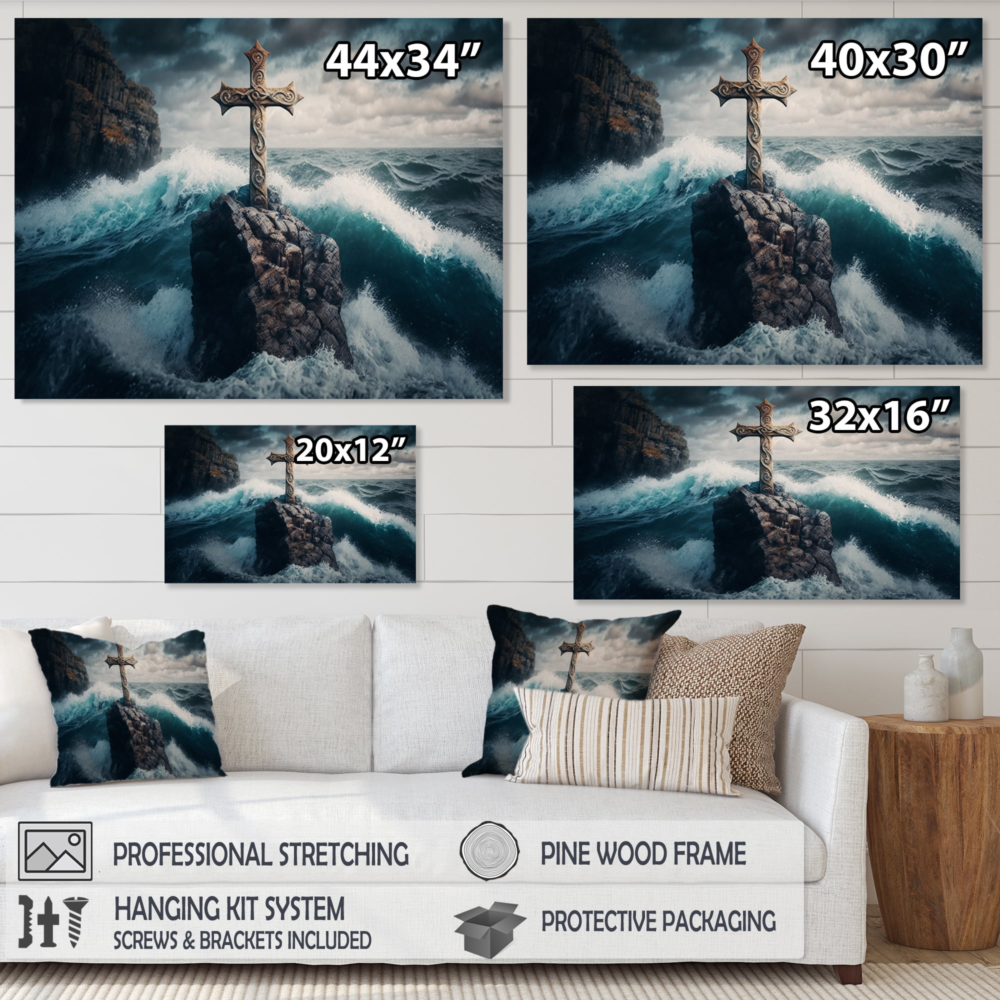 Designart Religious Cross In The Ocean Breaking Waves II Canvas Wall Art
