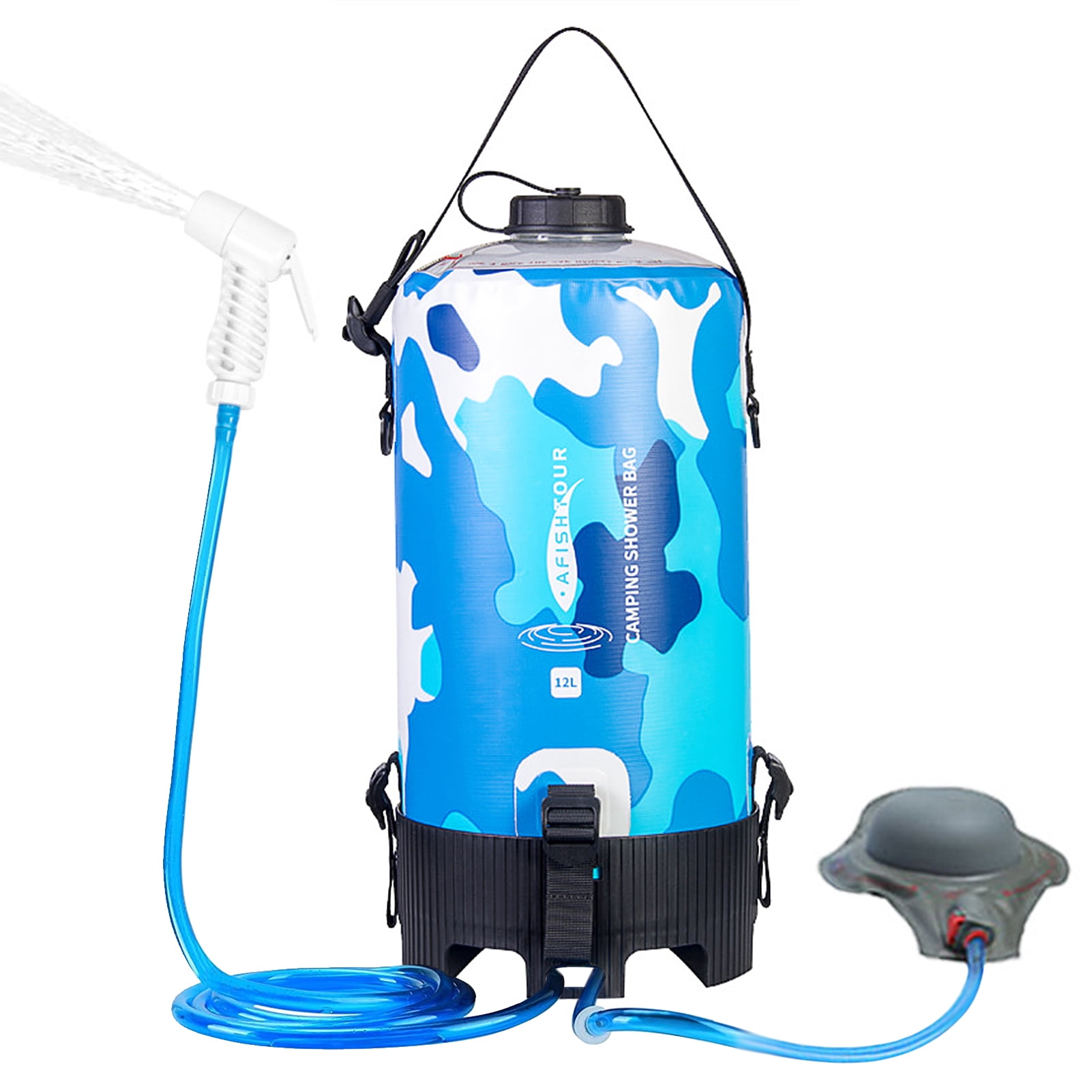 AFISHTOUR 12L Portable Camping Shower Bag with Foot Pump and Shower