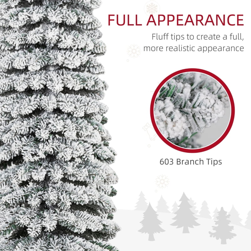 Alvantor Christmas Tree Unlit Flocked Pencil with 603 Tips & Snow Effect 22.8"x22.8"x96" 8ft Green