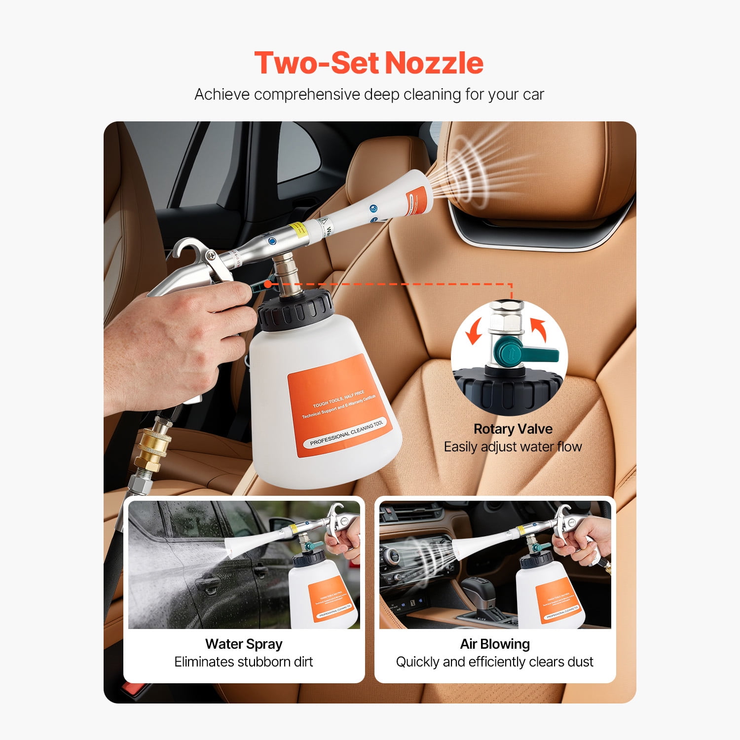 KFFKFF High-Pressure Car Cleaning Gun, 6-9.2 Bar Air Blow Gun with Dual Nozzles & 1L Liquid Bottle, Vortex Cleaning Tool for Efficient Dirt and Dust Removal, Compatible with 1/4 NPT Air Compressors