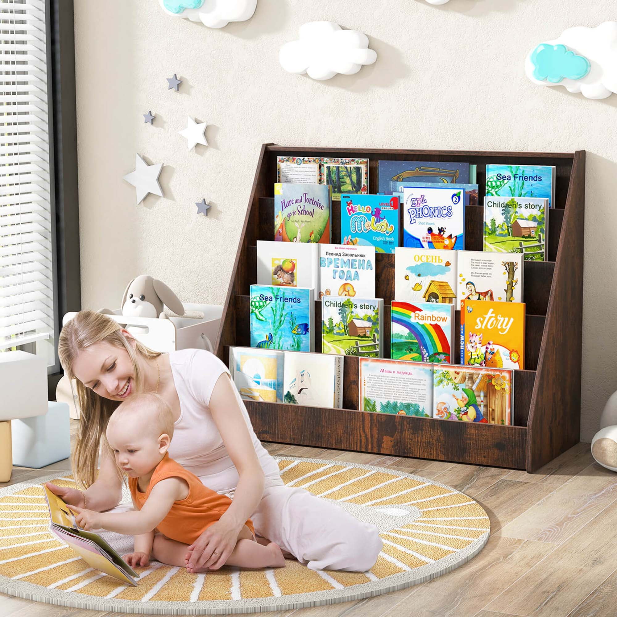 Costway 5 Tier Kids Bookshelf with Anti-Tipping Device Kids-friendly Height for Bedroom Brown