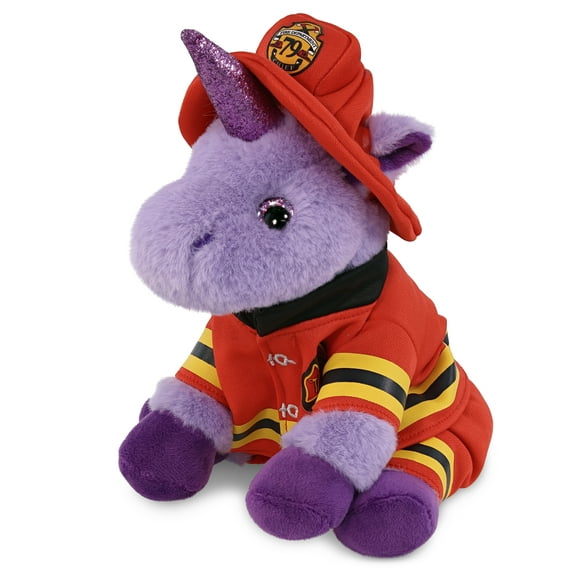 DolliBu Unicorn Firefighter Stuffed Animal - Sper Soft Purple Unicorn Fireman Toy with Red Fireman Costume Outfit and Fireman Hat, Cute Fantasy Stuffed Fire Fighter Doll Plush Toy for Kids - 9 Inch