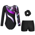 thumbnail image 2 of Aislor Kids Girls Printed Patchwork Long Sleeve Gymnastic Leotard Biketard Unitard with Shorts Hair Black&Purple 14, 2 of 6