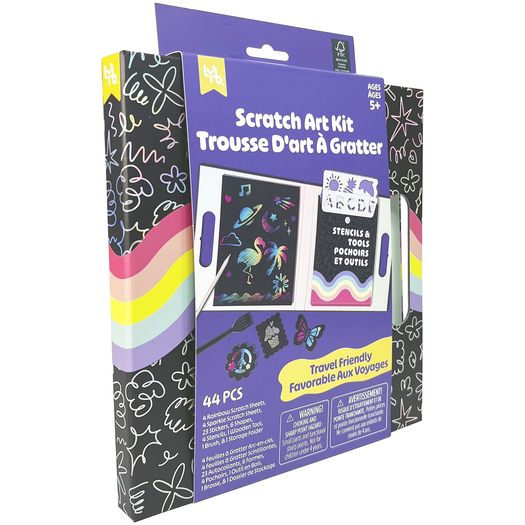 Little Yellow Bicycle: Scratch Art Kit - 4 Rainbow & 4 Sparkle Sheets, Stickers & Shapes, 4 Stencils, Scratch Tool & Brush, Travel Folder, Kid 5+