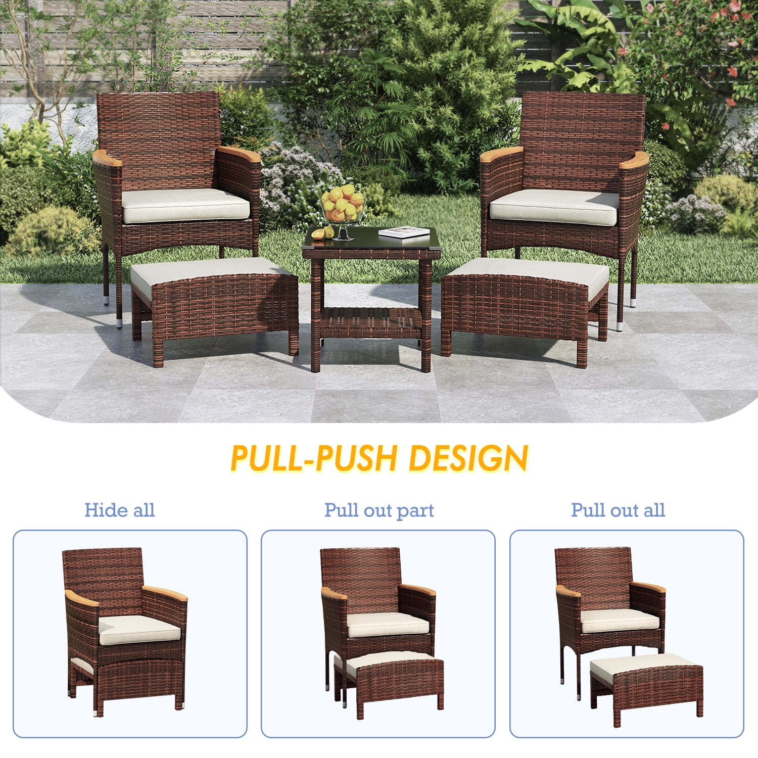 5 Piece Outdoor Patio Furniture Set with Table&Ottoman Outdoor Furniture Patio Set Bistro Wicker Patio Set (Brown Wicker&Khaki Cushion)