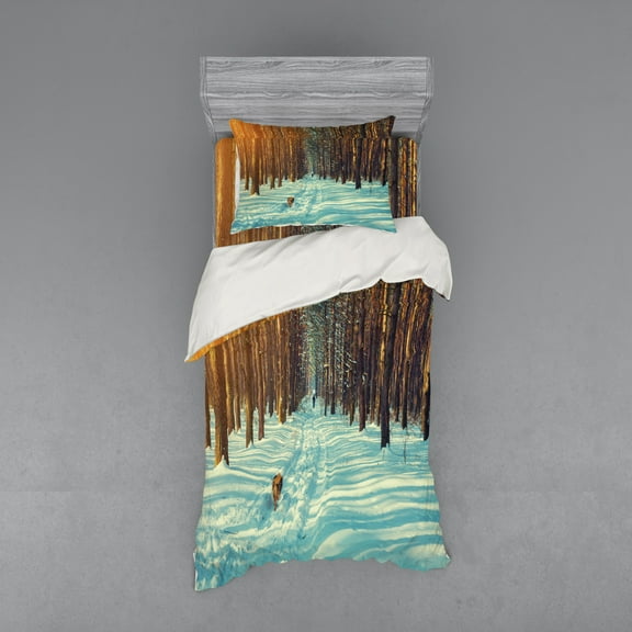 Ambesonne Winter Bedding Set 3 Pcs, Skier Running Dog Forest, Twin XL, Orange Brown Seafoam