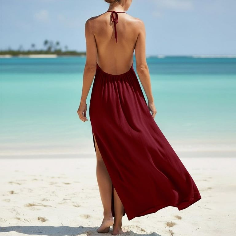 halter neck split dress Iyufng Women's Dresses Summer Backless Halter-Neck Split-Hem Beach Resort Solid-Color Maxi Dress Re-Order 10/14/24 Invoice # D212153