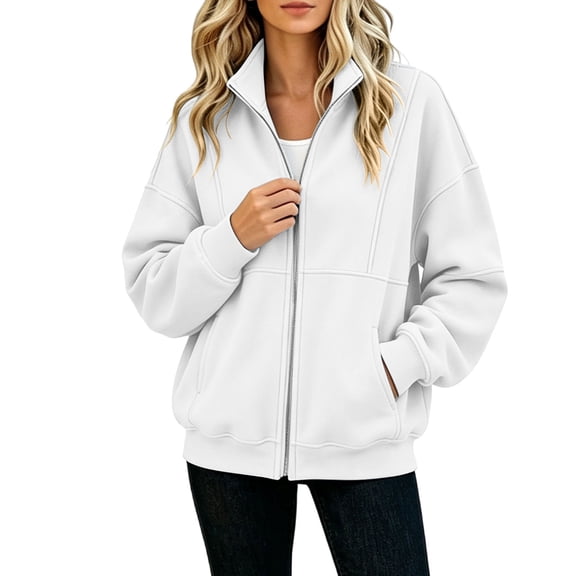 Edvintorg Jackets for Women Trendy Loose Casual Long Sleeve Coat Zip up Collared Outerwear with Pocket Women Clothing S-2XL White