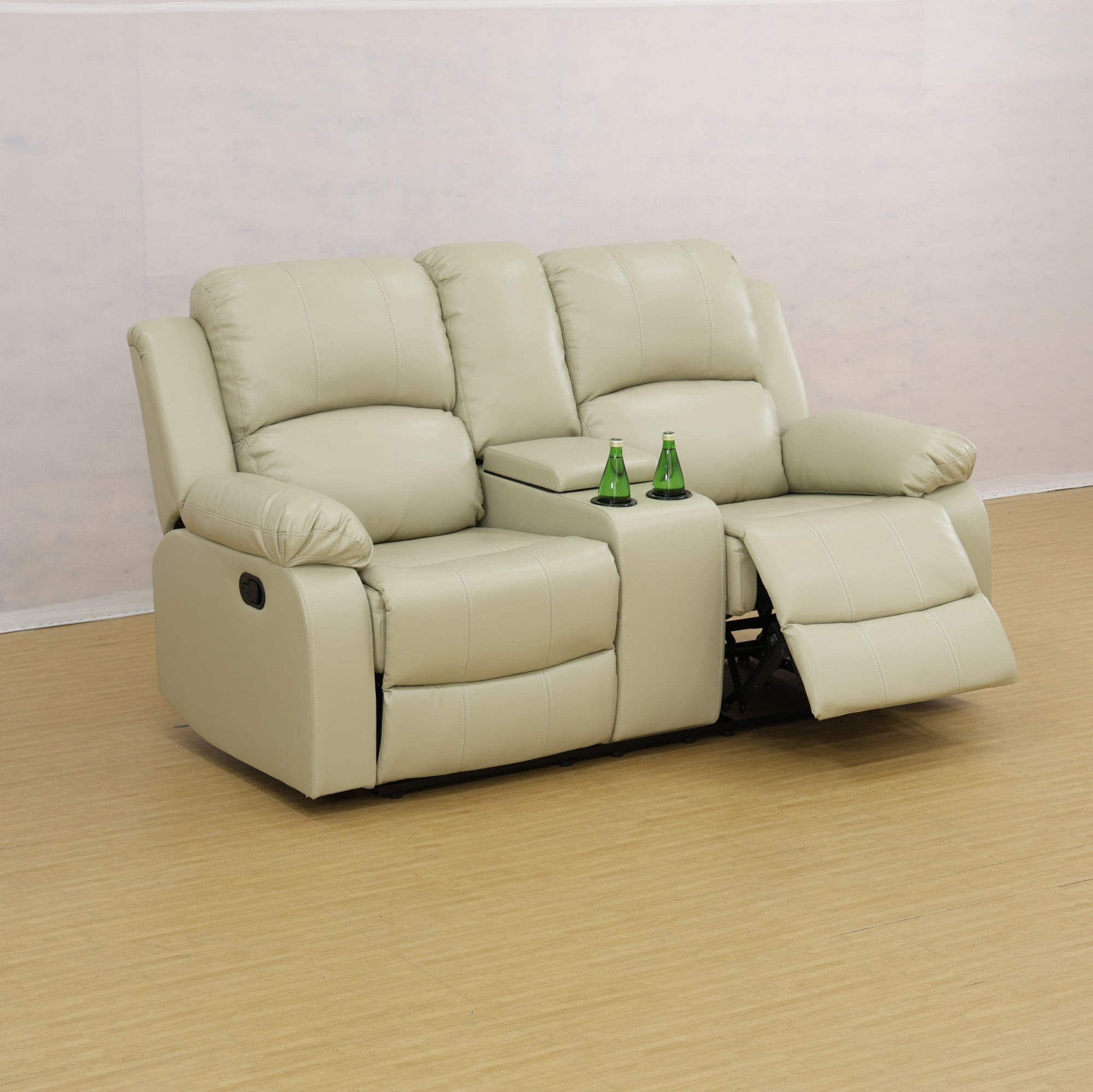 Gewnee Beige Loveseat with Console & Cup Holders, Air Leather & High-Elastic Sponge, Adjustable Recline, Perfect for Living Rooms