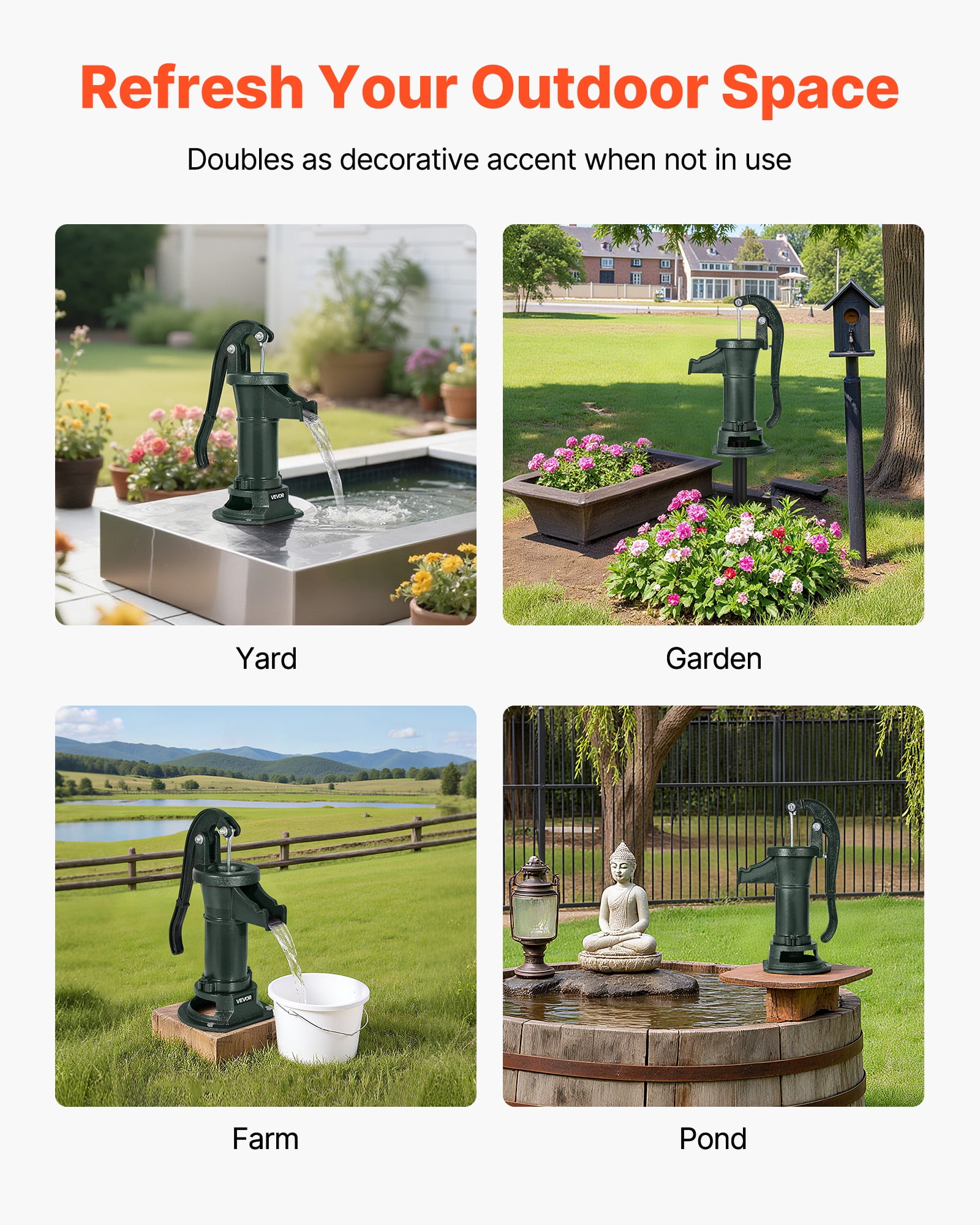 VEVOR Well Hand Pitcher Pump, 25 ft Maximum Lift, Antique Cast Iron Manual Hand Water Pump, NPT 1-1/4 in Connection, Easy Installation, Old Fashioned for Outdoor Garden, Pond, Backyard, Farm, Green