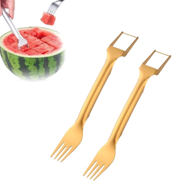 2 uds 2 en 1 cortador de frutas de acero inoxidable tenedores de sandía portátiles