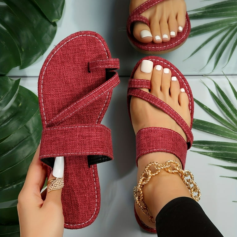 Women's Toe Loop Slip On Slide Sandals, Denim Color Flat