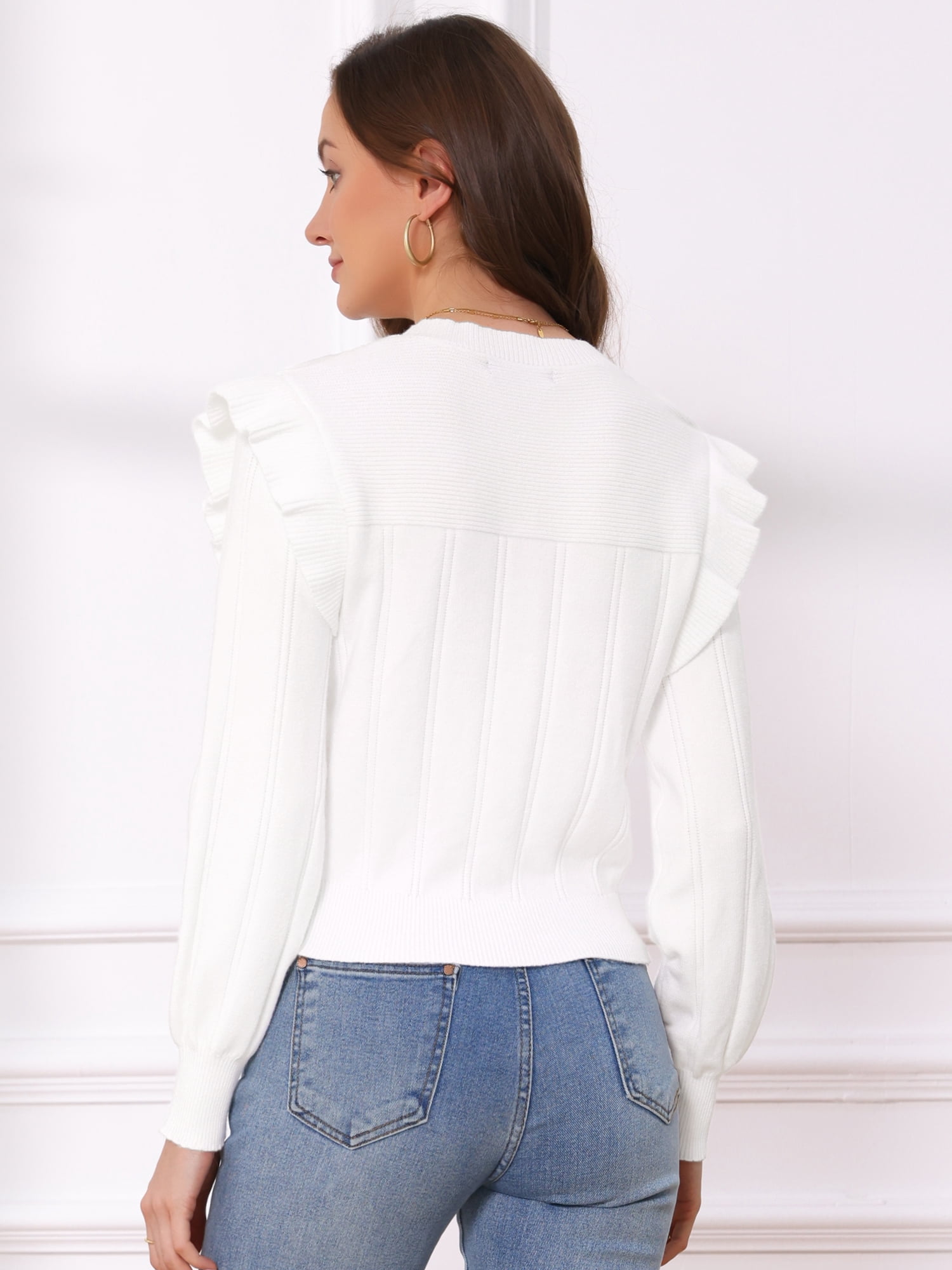 DARING DIVA Women's Crew Neck Ruffle Pullover Cropped Sweaters M White