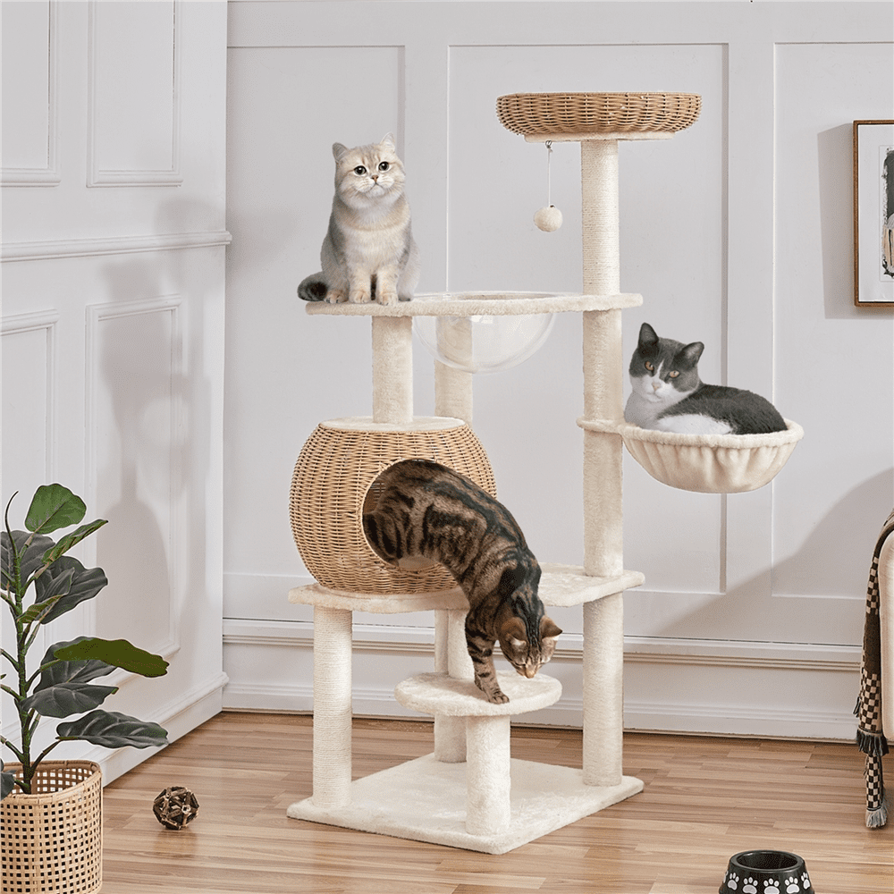 Yaheetech 54" Tall Rattan Cat Tree with Soft Cushion, Beige