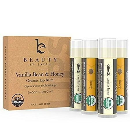 Lip Balm Organic (Vanilla & Honey) 4 Tube Pack; Pure and Natural Beeswax Lip Butter with Aloe Vera, Vitamin E for a Clear Gloss; Moisturize, Repair Dry, Cracked or Chapped Lips, Best Gift Made in USA