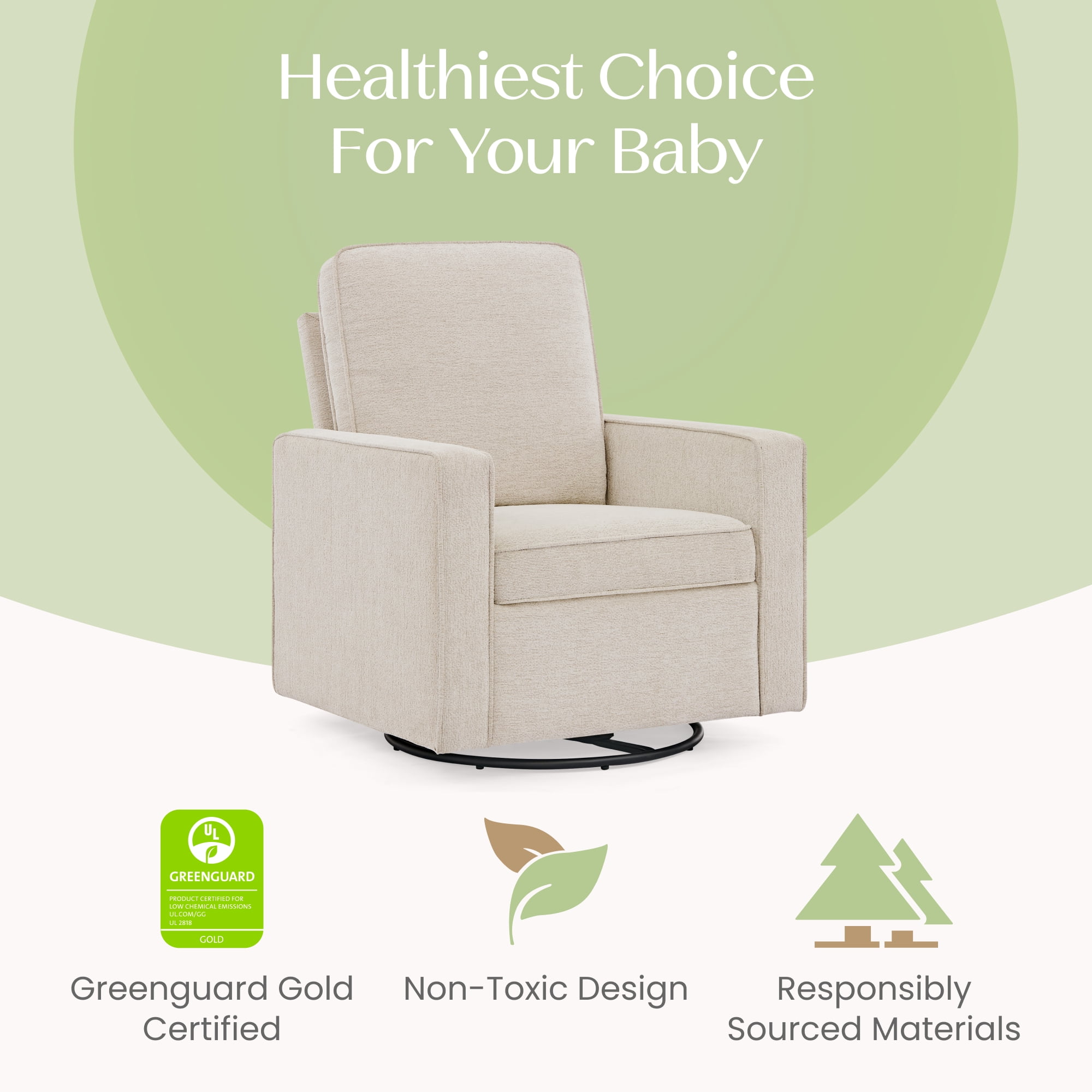Delta Children Noah Upholstered Swivel Glider with Stain-Resistant Performance Fabric- Greenguard Gold Certified, Almond