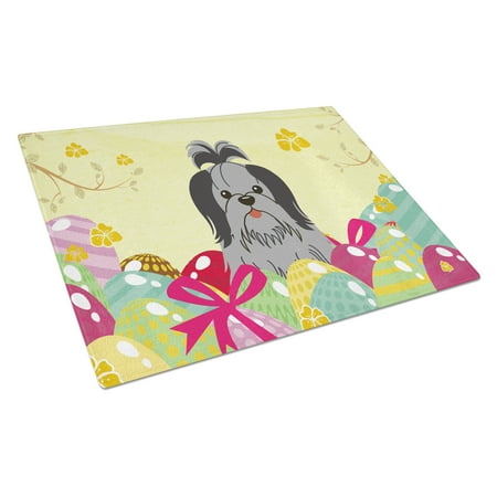 

Carolines Treasures BB6089LCB Easter Eggs Shih Tzu Black Silver Glass Cutting Board Large 12H x 16W multicolor