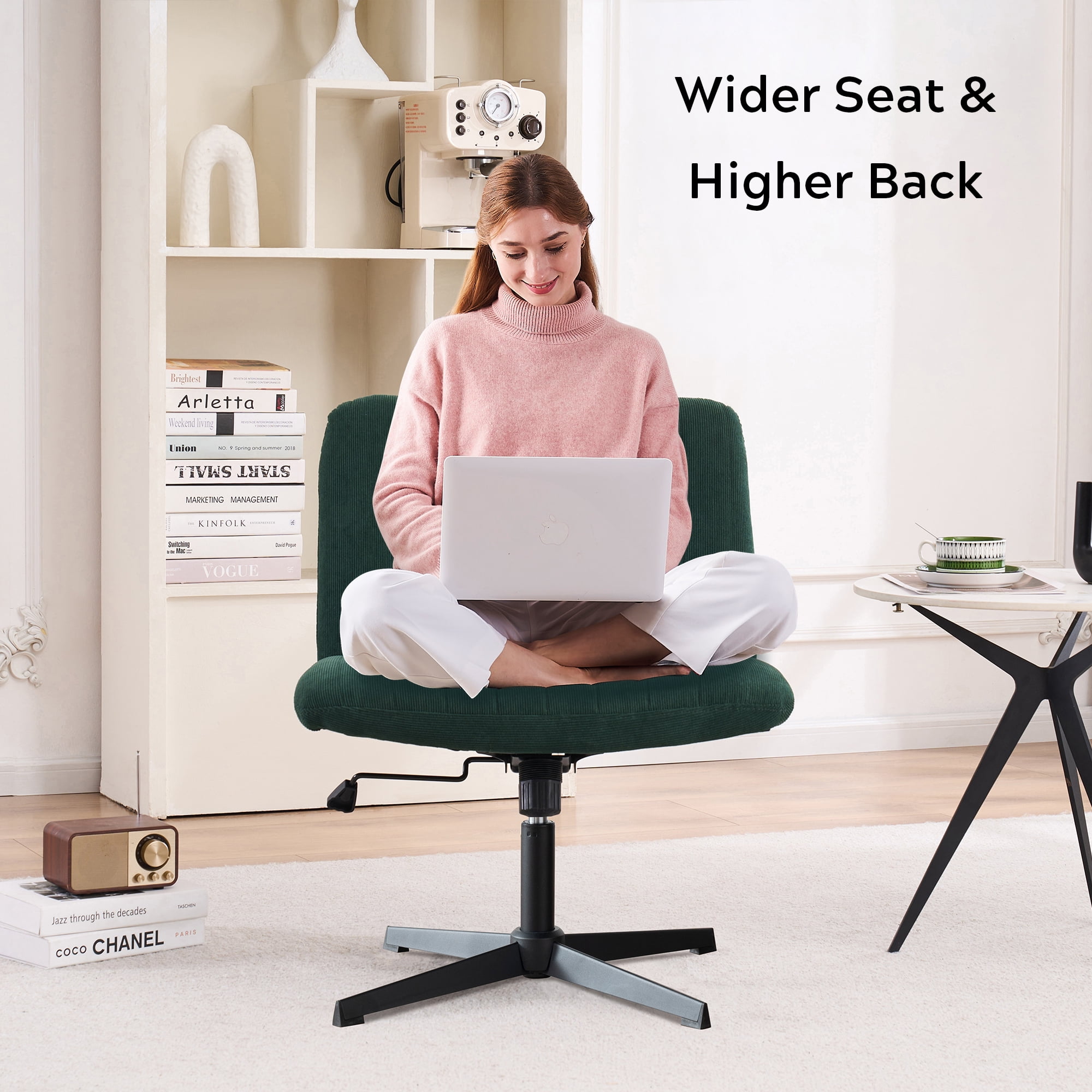 EYYTHUNG Armless Velvet Mid-Back Office Chair, Adjustable Seat and Cushion, Dark Green (Set of 1)